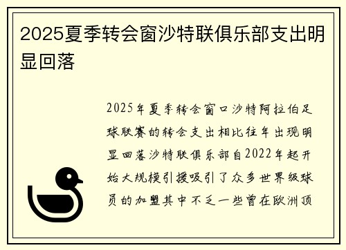 2025夏季转会窗沙特联俱乐部支出明显回落